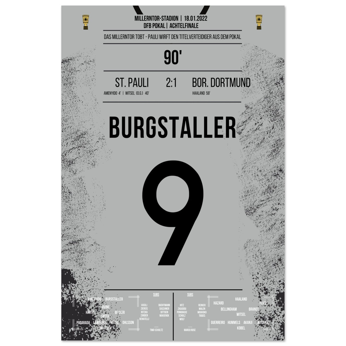 Wilde Pokalnacht auf dem Kiez! St Pauli wirft den Titelverteidiger Dortmund aus dem Pokal 60x90-cm-24x36-Ohne-Rahmen
