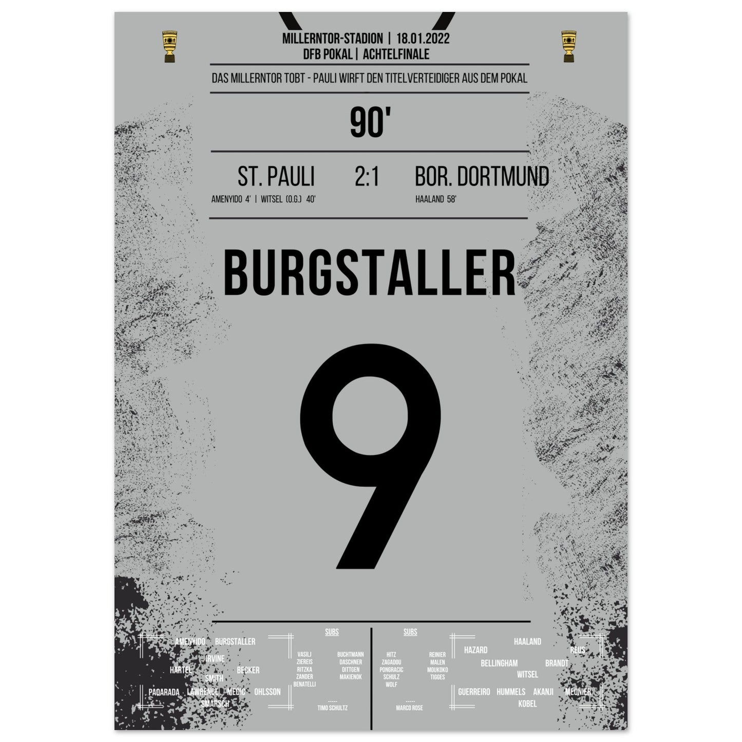 Wilde Pokalnacht auf dem Kiez! St Pauli wirft den Titelverteidiger Dortmund aus dem Pokal 50x70-cm-20x28-Ohne-Rahmen