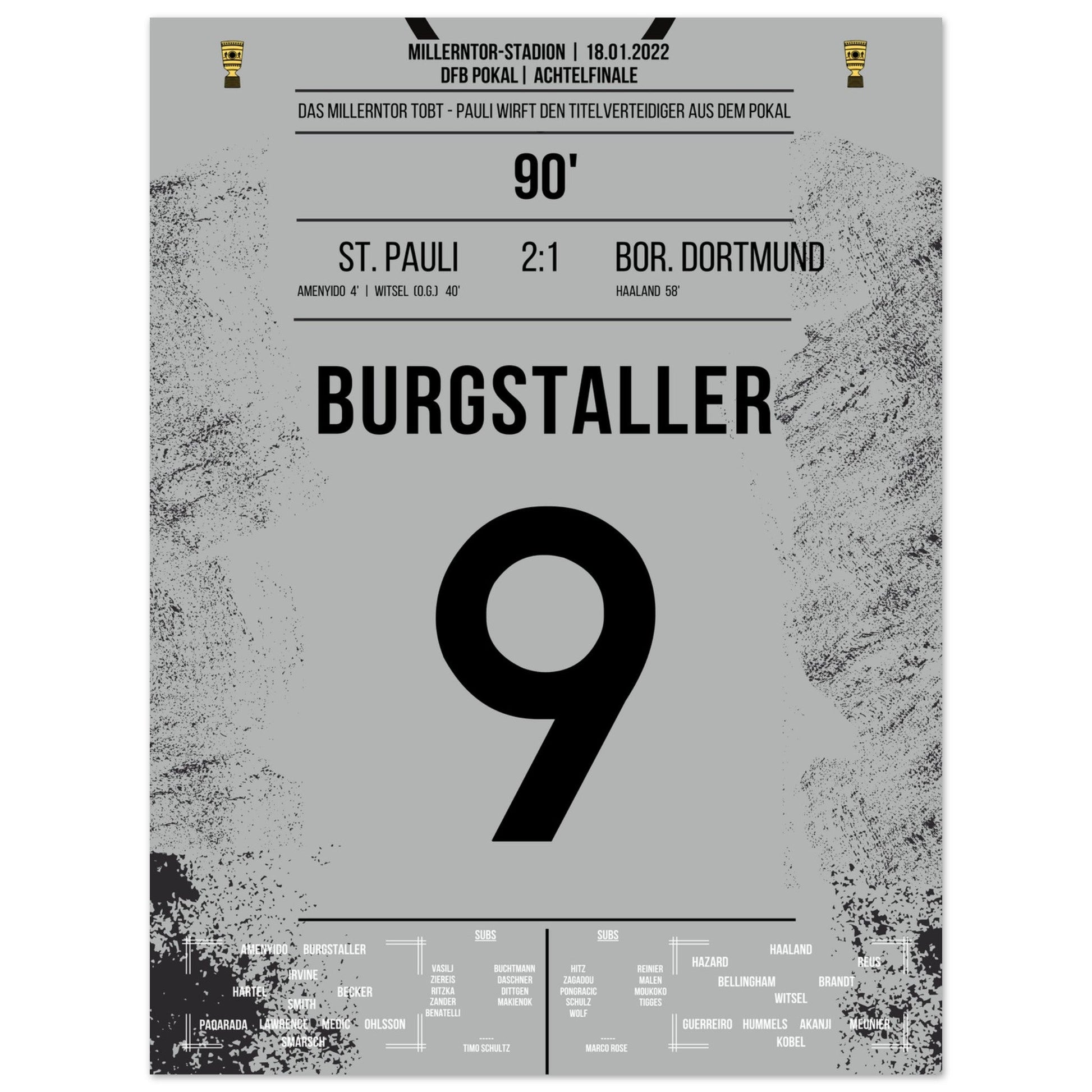 Wilde Pokalnacht auf dem Kiez! St Pauli wirft den Titelverteidiger Dortmund aus dem Pokal 30x40-cm-12x16-Ohne-Rahmen