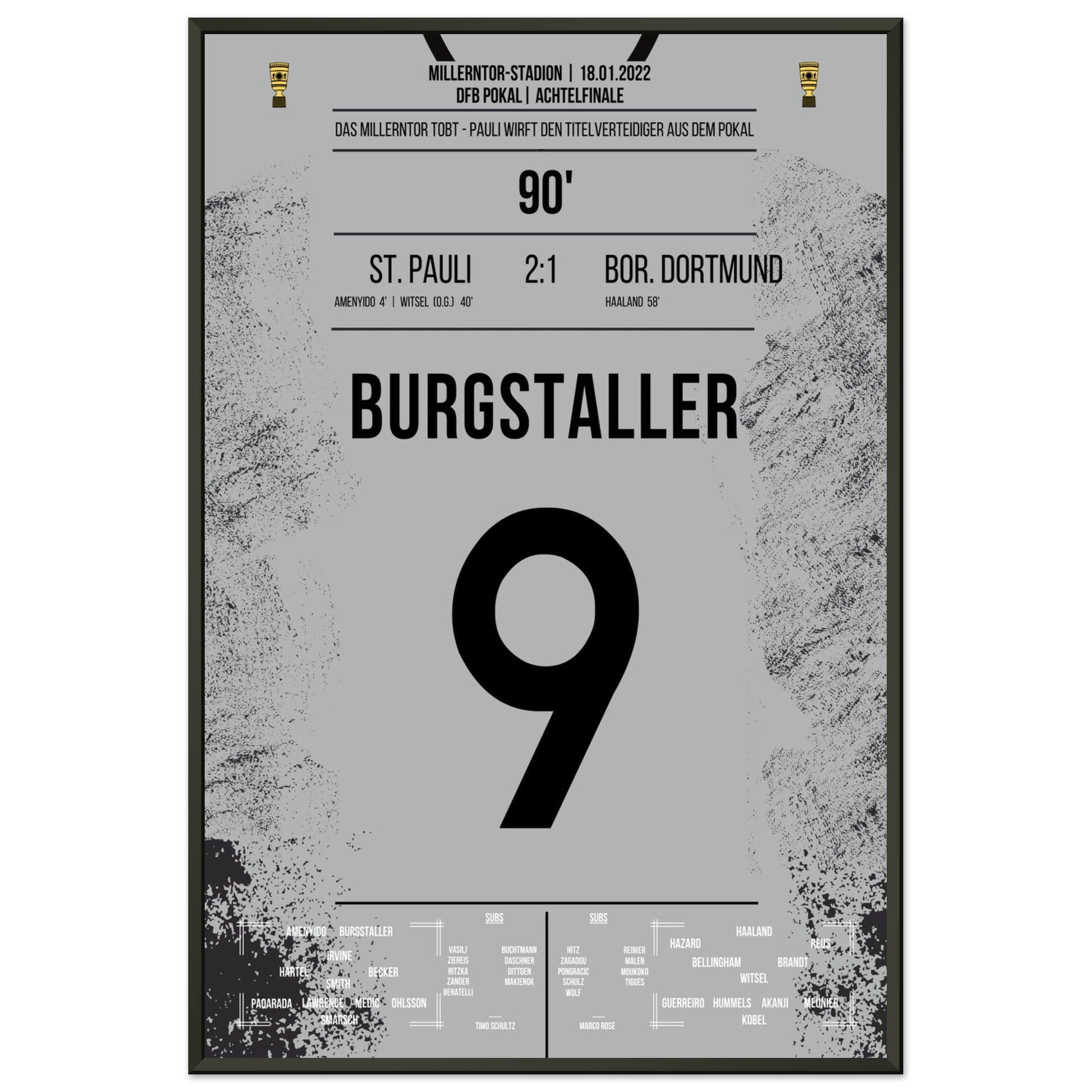 Wilde Pokalnacht auf dem Kiez! St Pauli wirft den Titelverteidiger Dortmund aus dem Pokal 60x90-cm-24x36-Schwarzer-Aluminiumrahmen
